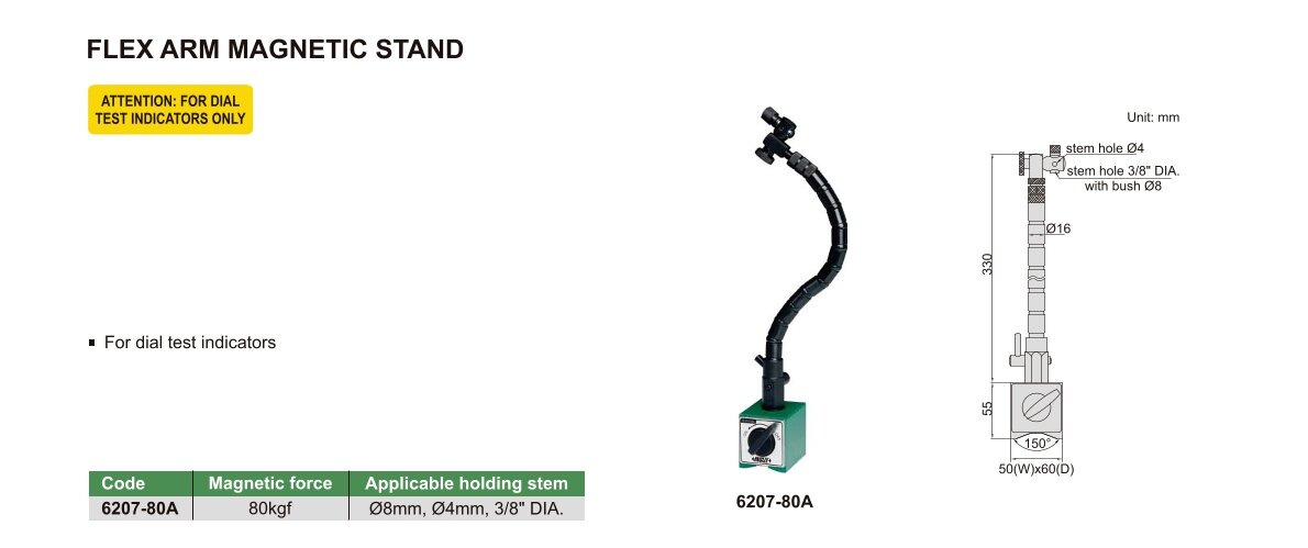 Magnet-Messstativ mit flexiblem Arm - 80kgf - Ø8mm, Ø4mm, 3/8" DIA