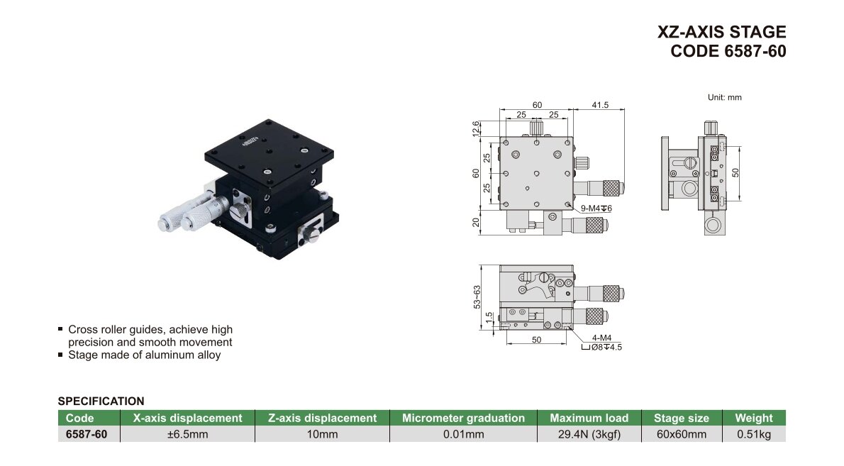 XY-Zweiachsen Linearpositioniertisch - 60x60mm - +/- 6.5mm