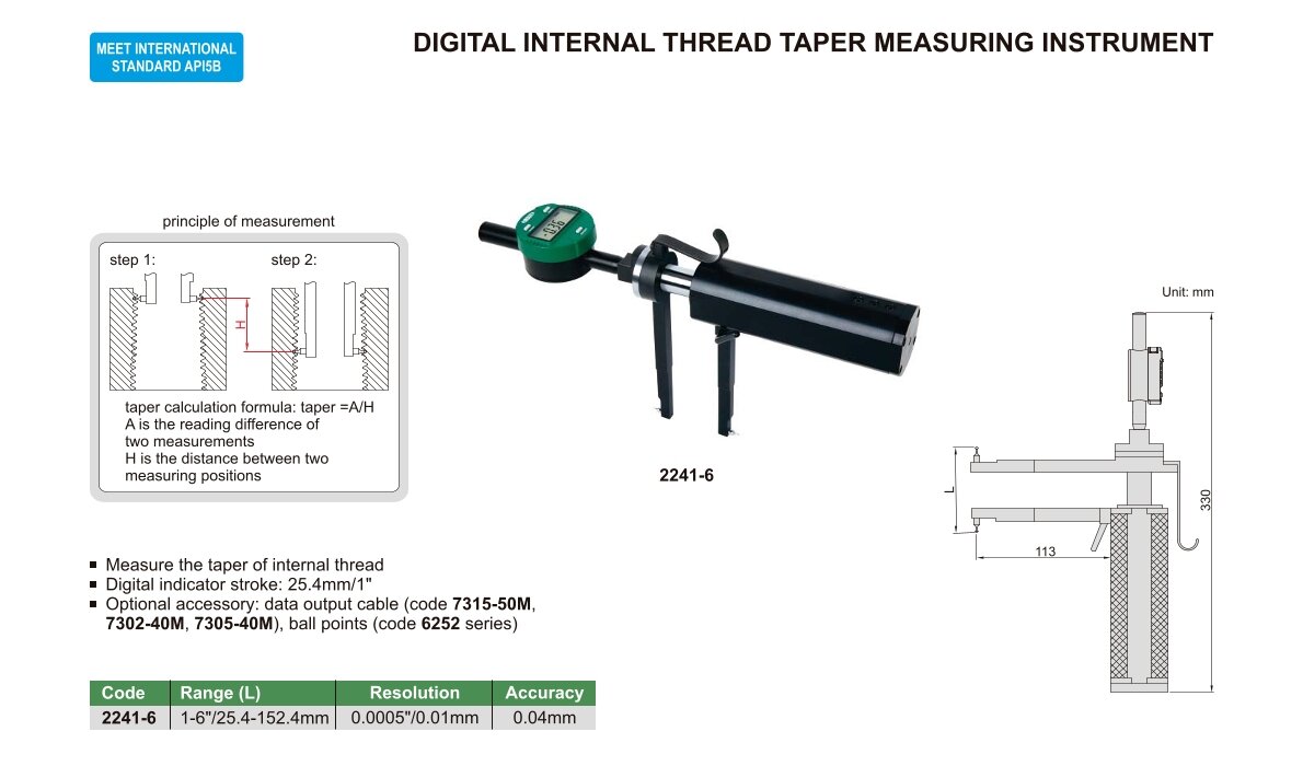 Digital Gewindemessgerät für Kegel-Innengewinde  - 1.5-6"/38.1-152.4mm - 0.0005"