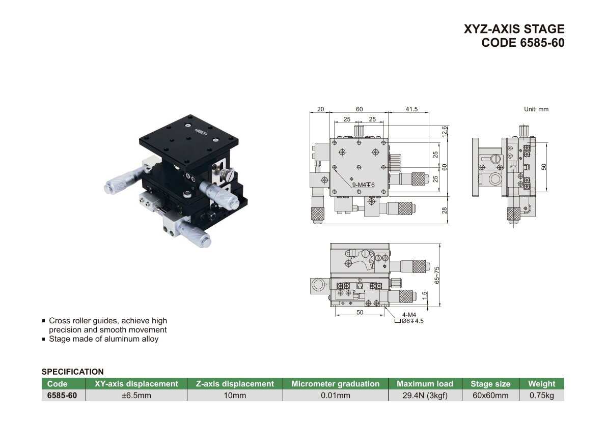 XYZ-Dreiachsen Linearpositioniertisch - 60x60mm - +/- 6.5mm