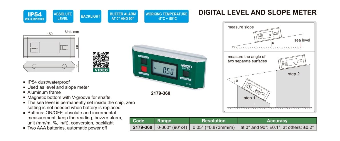 Digital Torpedo Wasserwaage und Neigungsmessgerät - 0-360° (90°x4)