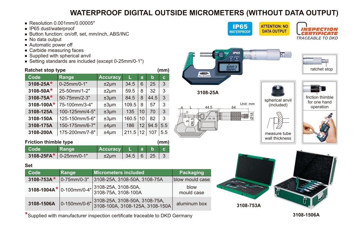 Digital Mikrometer / Bügelmessschraube, IP65 (ohne Datenausgang)