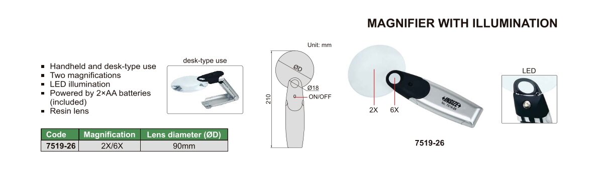 Lupe mit Beleuchtung - 2x/6x - Ø90mm