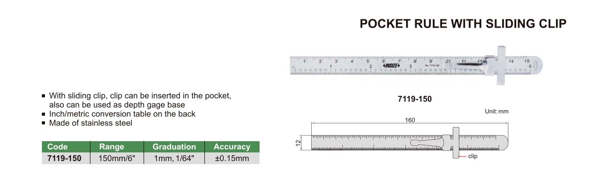 Taschenlineal mit Schiebeclip - 150mm/6"
