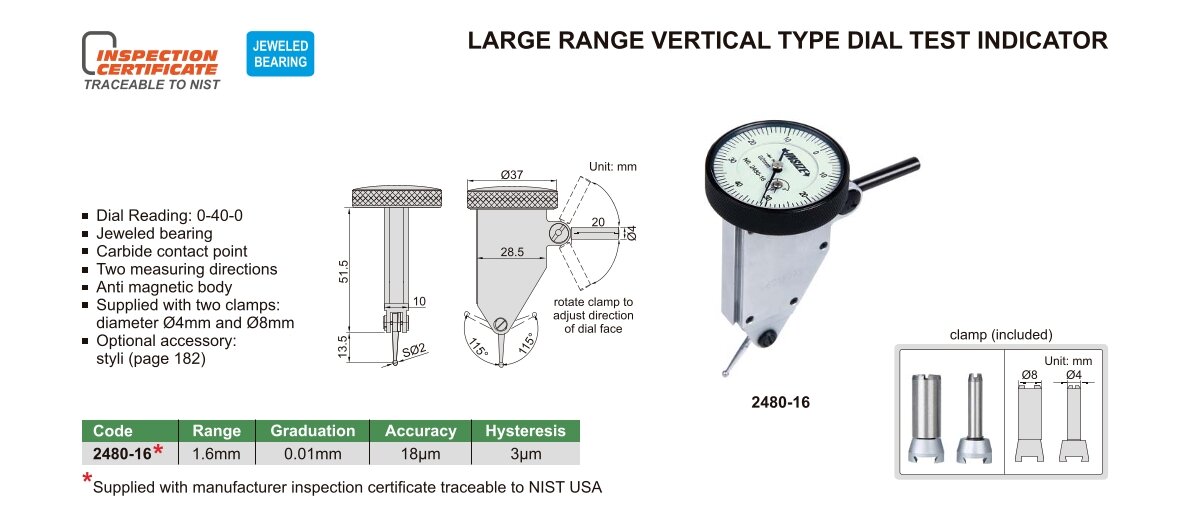 Fühlhebelmessgerät, vertikal mit grossem Messbereich - 1.6mm - 0.01mm