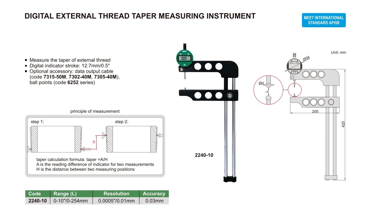 Digital Gewindemessgerät für Kegel-Außengewinde  - 0-10"/0-254mm - 0.0005"