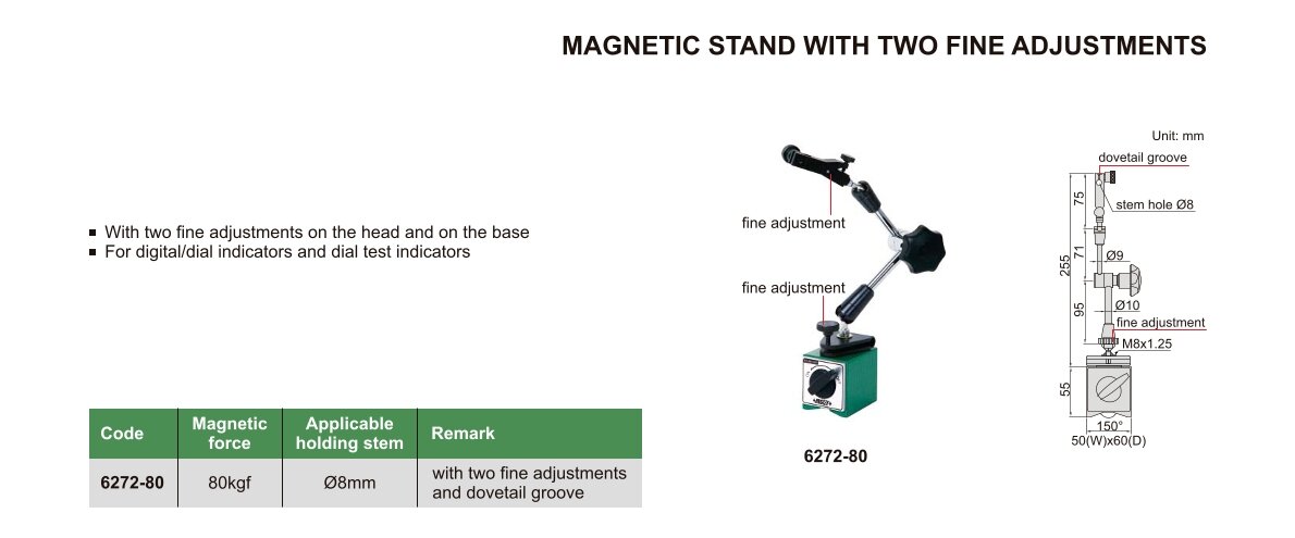 Magnet-Messstativ mit doppelter Feineinstellung - 80kgf - Ø8mm