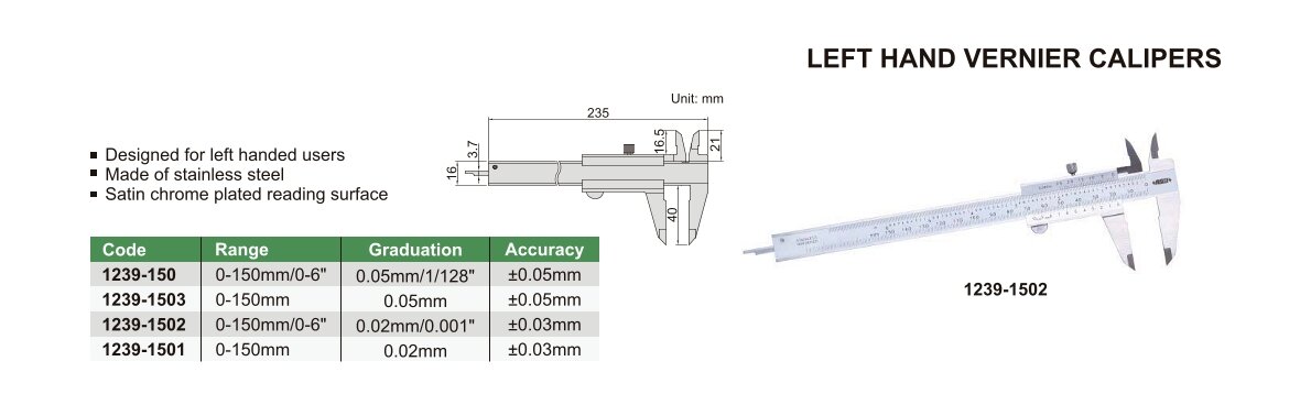 Analog Messschieber / Schieblehre für Linkshänder