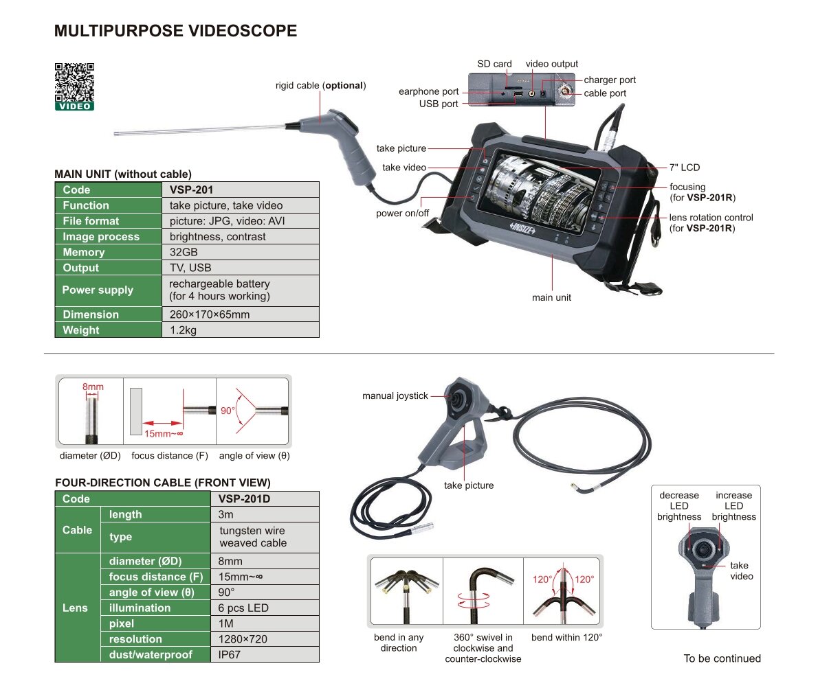 4-Wege Kabel für Multifunktions Endoskop - Ø8mm - 3m