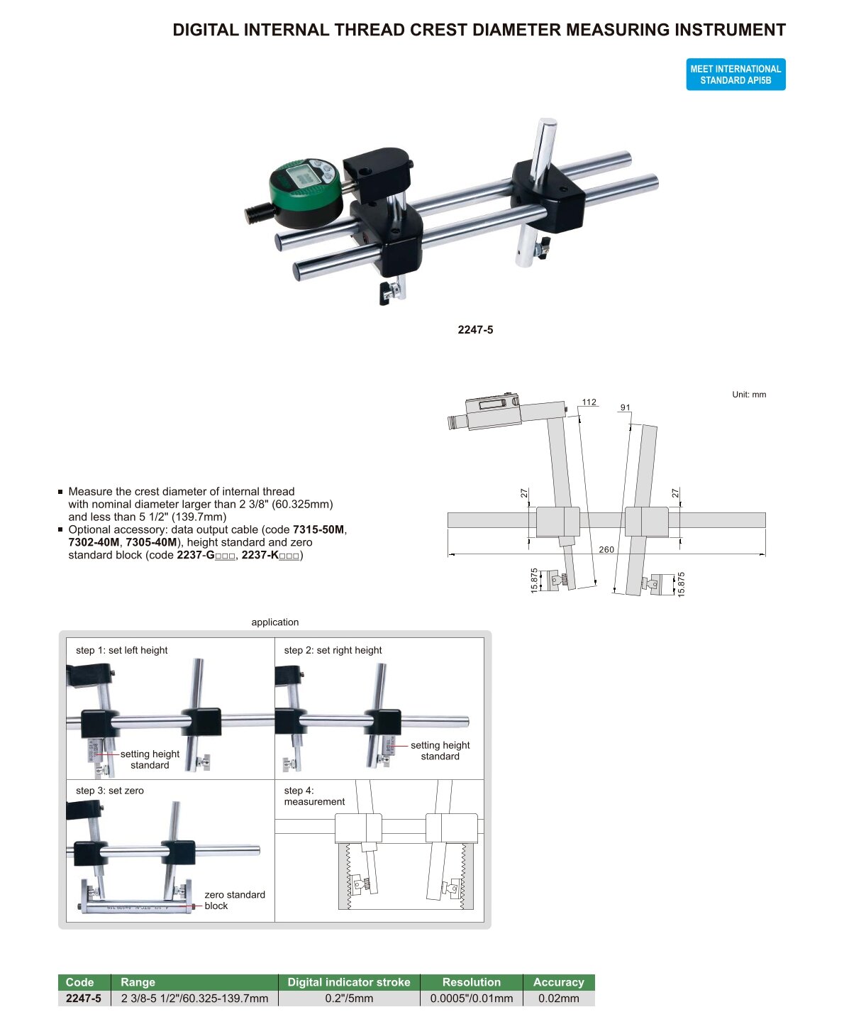 Digital Gewindespitzenmessgerät für Innengewinde - 2 3/8-5 1/2"/60.325-139.7mm  - 0,2"