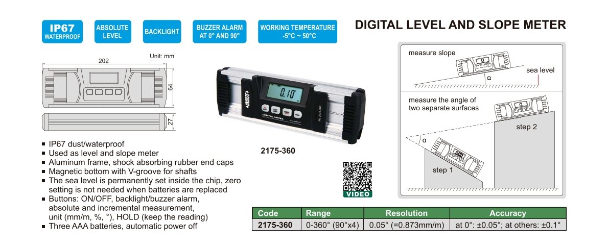 Digital Wasserwaage und Neigungsmessgerät - 0-360° (90°x4)