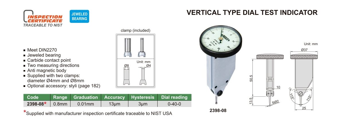Fühlhebelmessgerät, vertikal - 0.8mm - 0.01mm