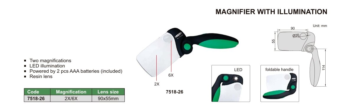 Lupe mit Beleuchtung - 2x/6x - 90x55mm