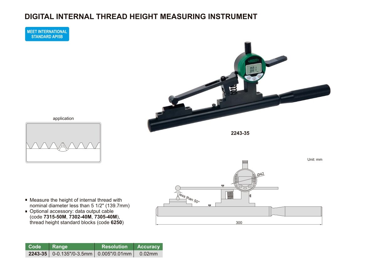 Digital Gewindehöhenmessgerät für Innengewinde - 0-0.135"/0-3.5mm - 0.005"