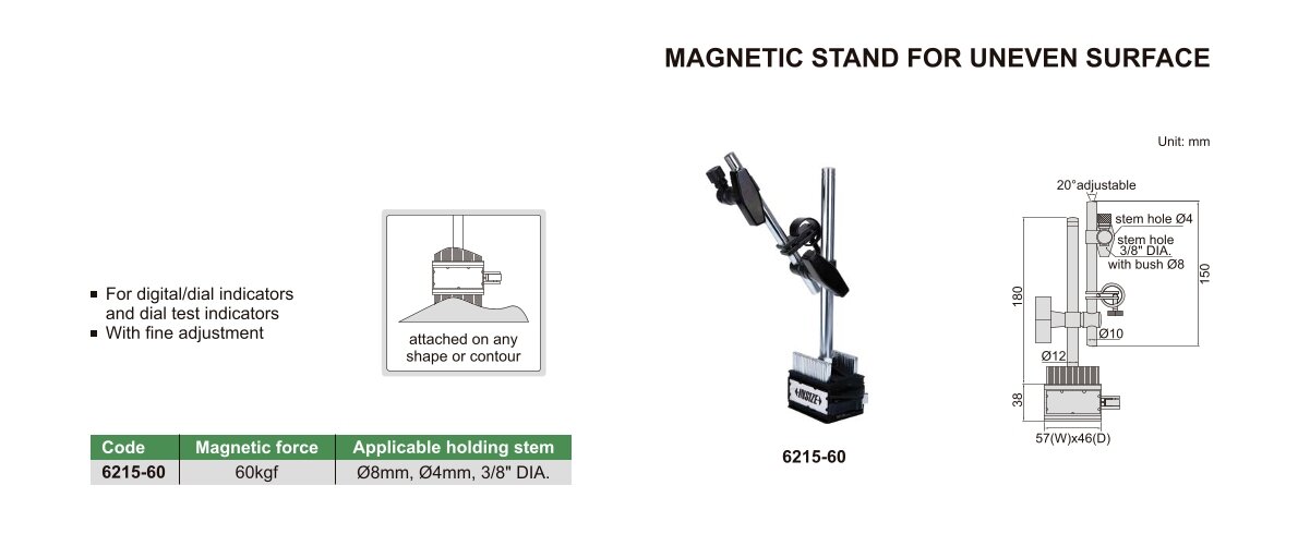 Magnet-Messstativ für unebene Oberflächen - 60kgf - Ø8mm, Ø4mm, 3/8" DIA
